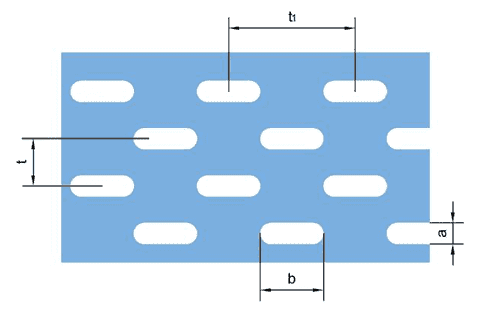 Parameter diagram of staggered slot hole perforated metal with the round on both ends.